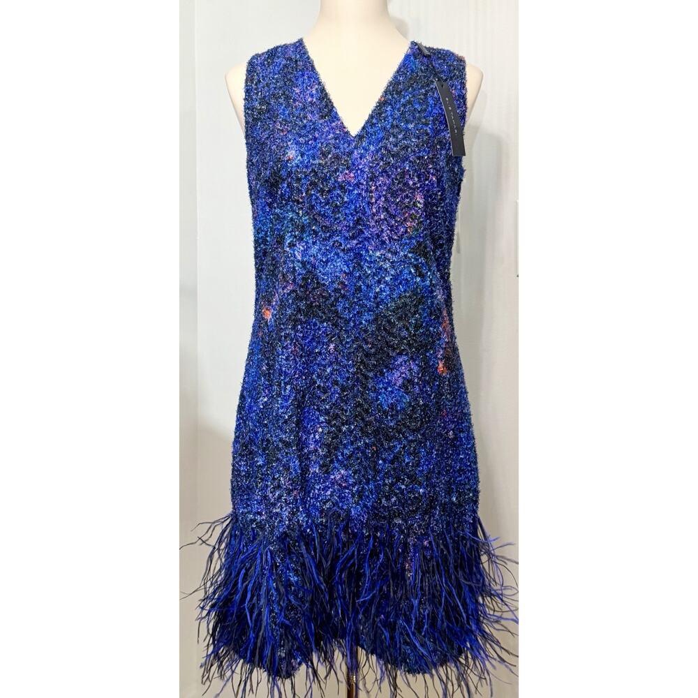 NEW Elie Tahari Prussian Purple Ostrich Feather Lyra Dress Size 2 MSRP $698